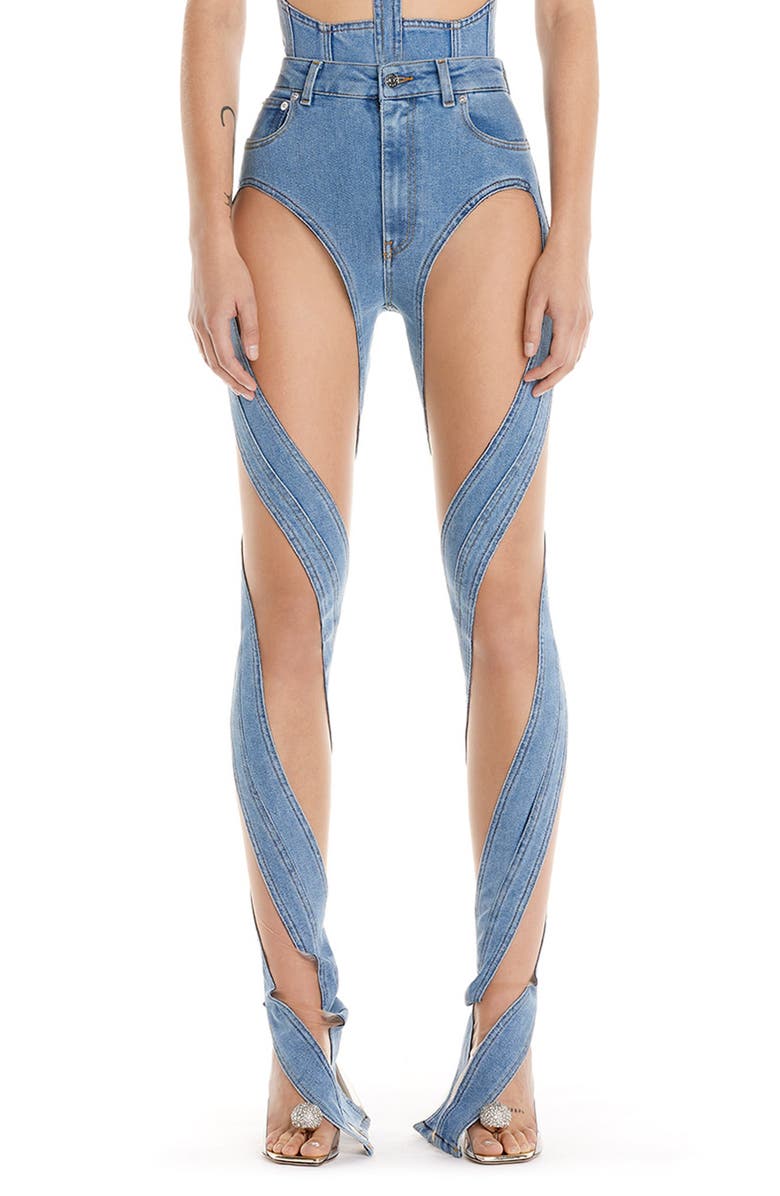 MUGLER Illusion Cutout Spiral Skinny Jeans, Main, color,
