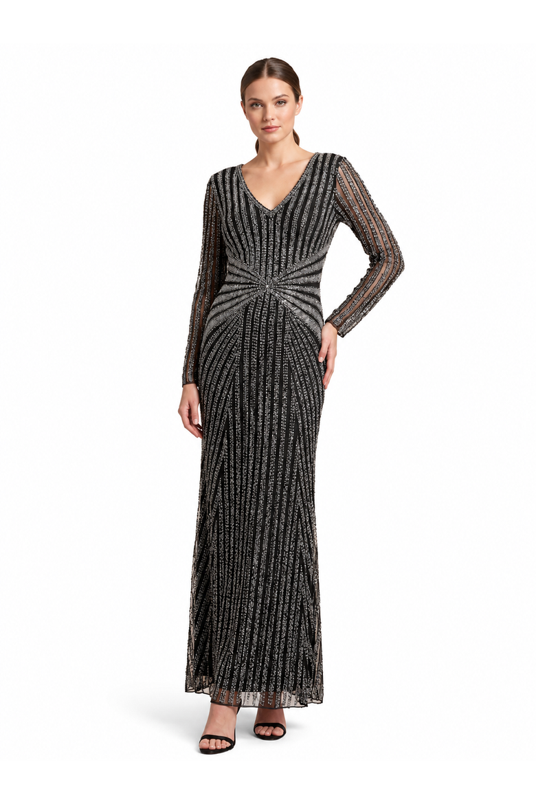 Long Sleeve Beaded Gown, Main, color, Black Silver