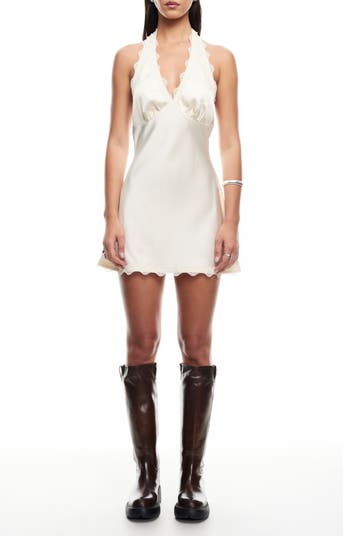 Stars Align Lace Trim Satin Halter Minidress