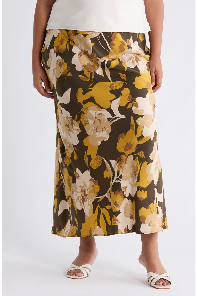 Floral Satin Maxi Skirt, Main, color, OLIVE