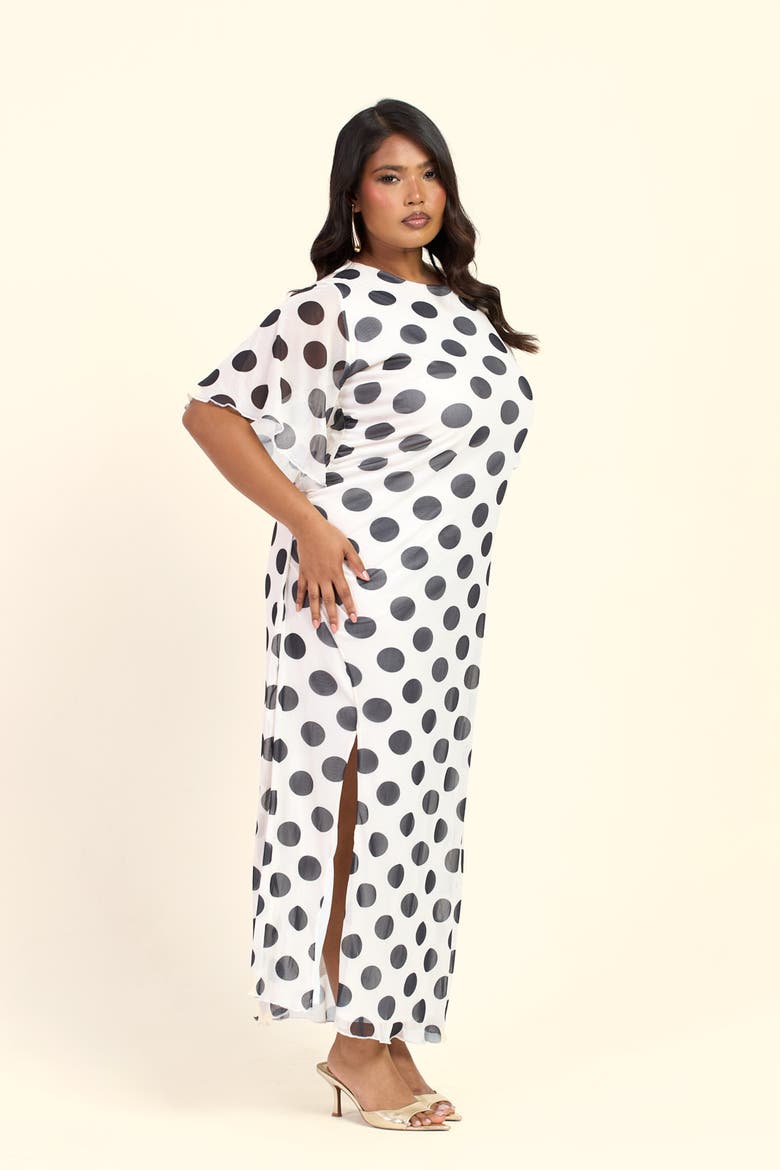 Large Polka Dot Ruched Side Maxi Dress, Alternate, color, Beige