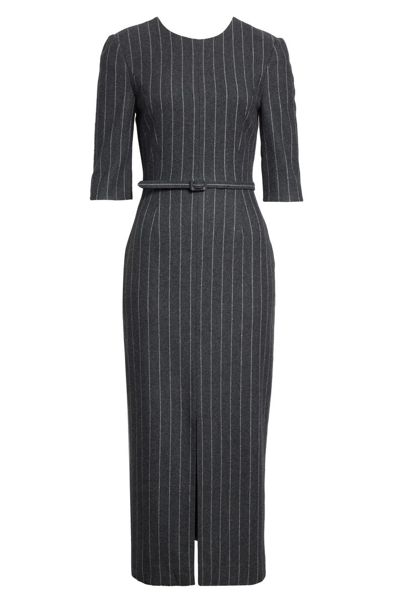 Carolina Herrera Pinstripe Wool Belted Sheath Dress, Alternate, color, Charcoal Grey