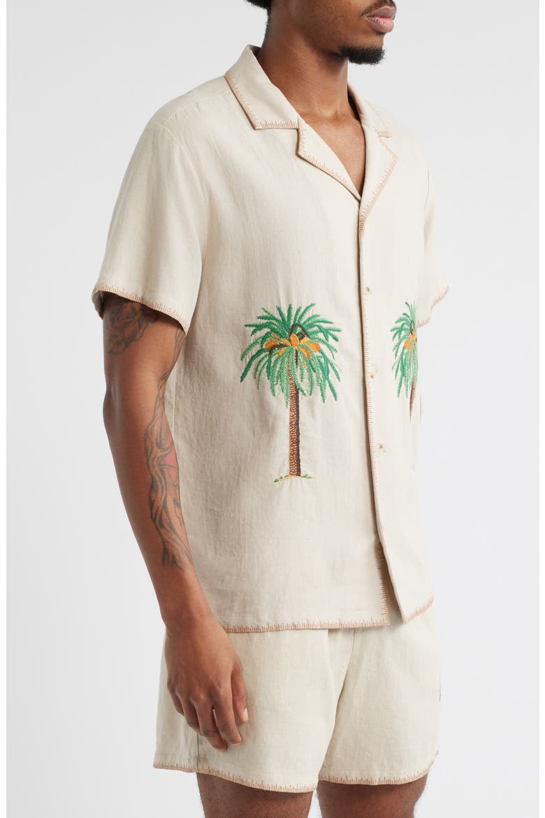 Palm Tree Linen Blend Button-Up Shirt, Alternate, color, BEIGE