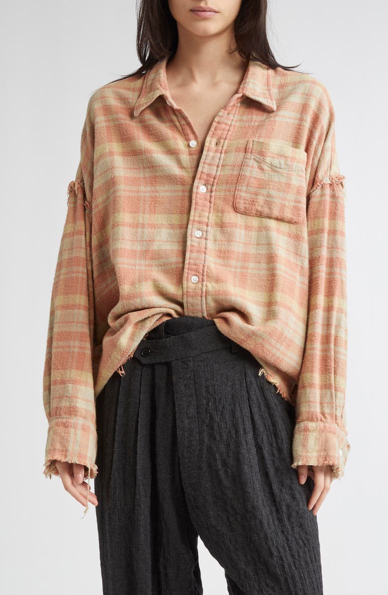 R13 Shredded Seam Drop Neck Plaid Flannel Button-Up Shirt, Main, color, Washed-Out Red/ Khaki Plaid