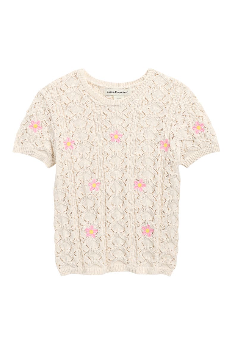 Kids' Floral Embroidery Pointelle Sweater, Main, color, IVORY