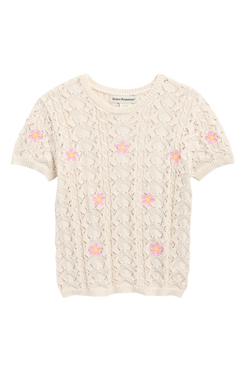 Cotton Emporium Kids' Floral Embroidery Pointelle Sweater, Main, color, Ivory