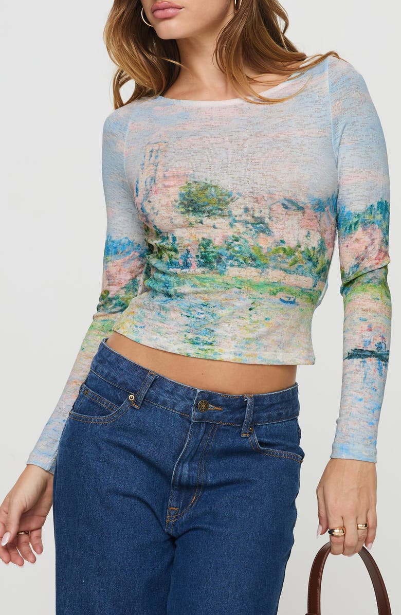 Princess Polly Castle on the Hill Long Sleeve Crop T-Shirt, Main, color, Blue Multi