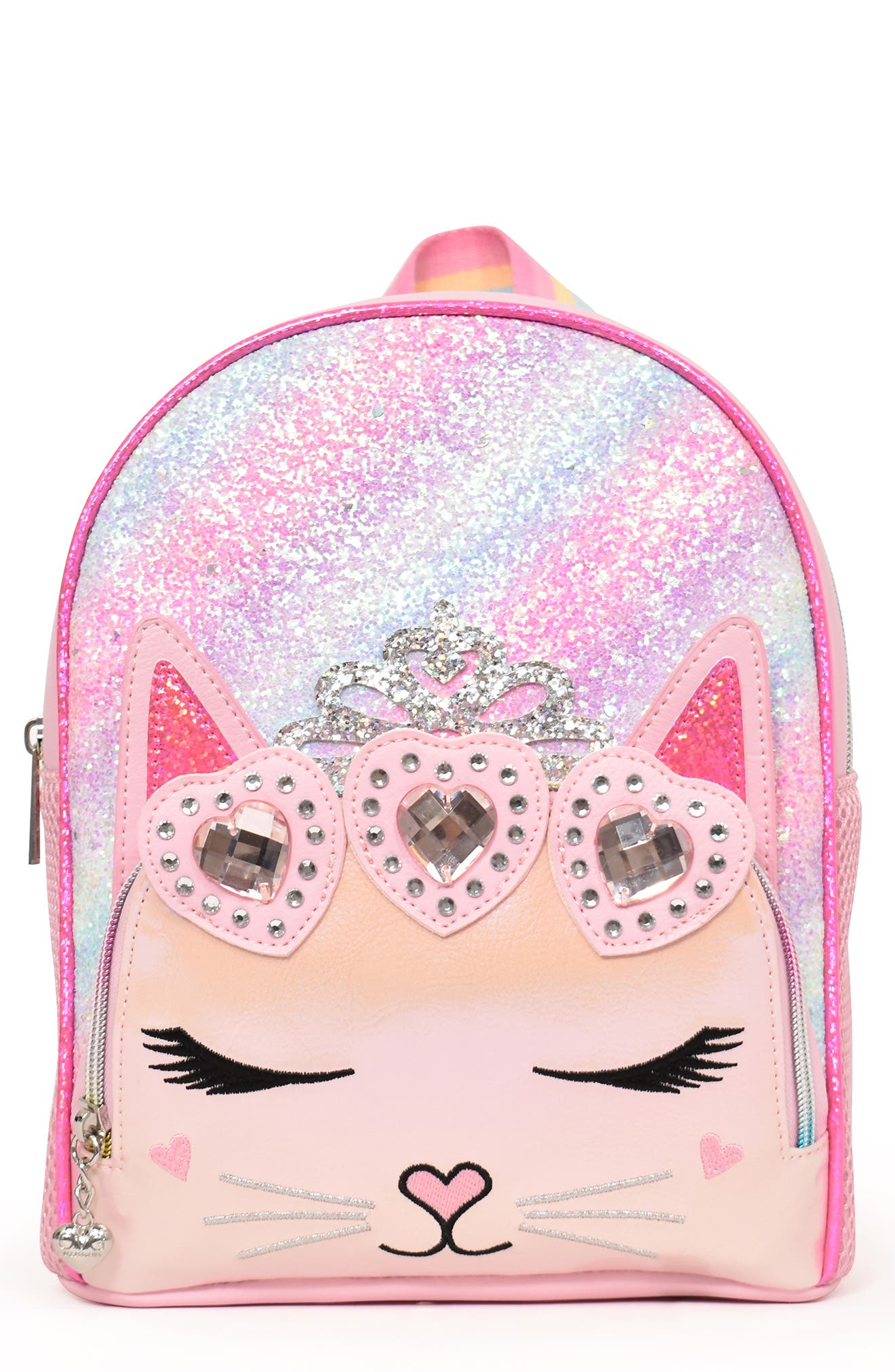 OMG Accessories Kids' Bella Diagonal Ombré Glitter Heart Crown Mini Backpack, Main, color, 