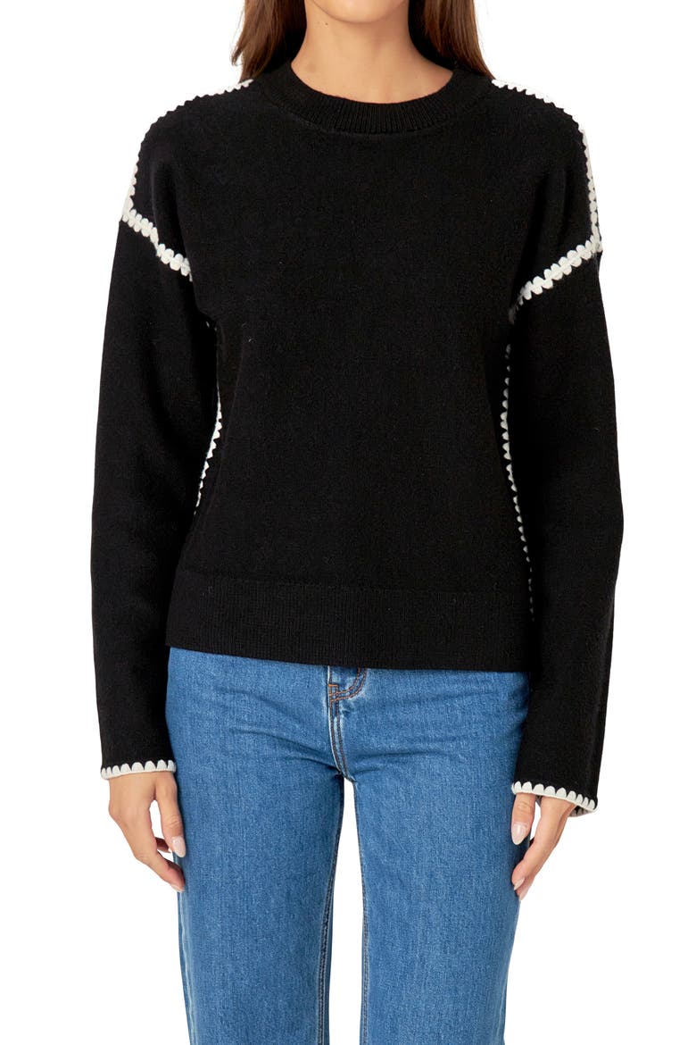 Embroidered Crewneck Sweater, Alternate, color, BLACK/WHITE