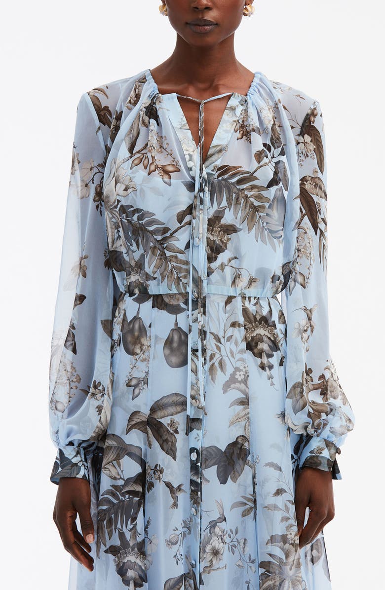 Oscar de la Renta Fauna Floral Sheer Long Sleeve Silk Shirtdress, Alternate, color, 