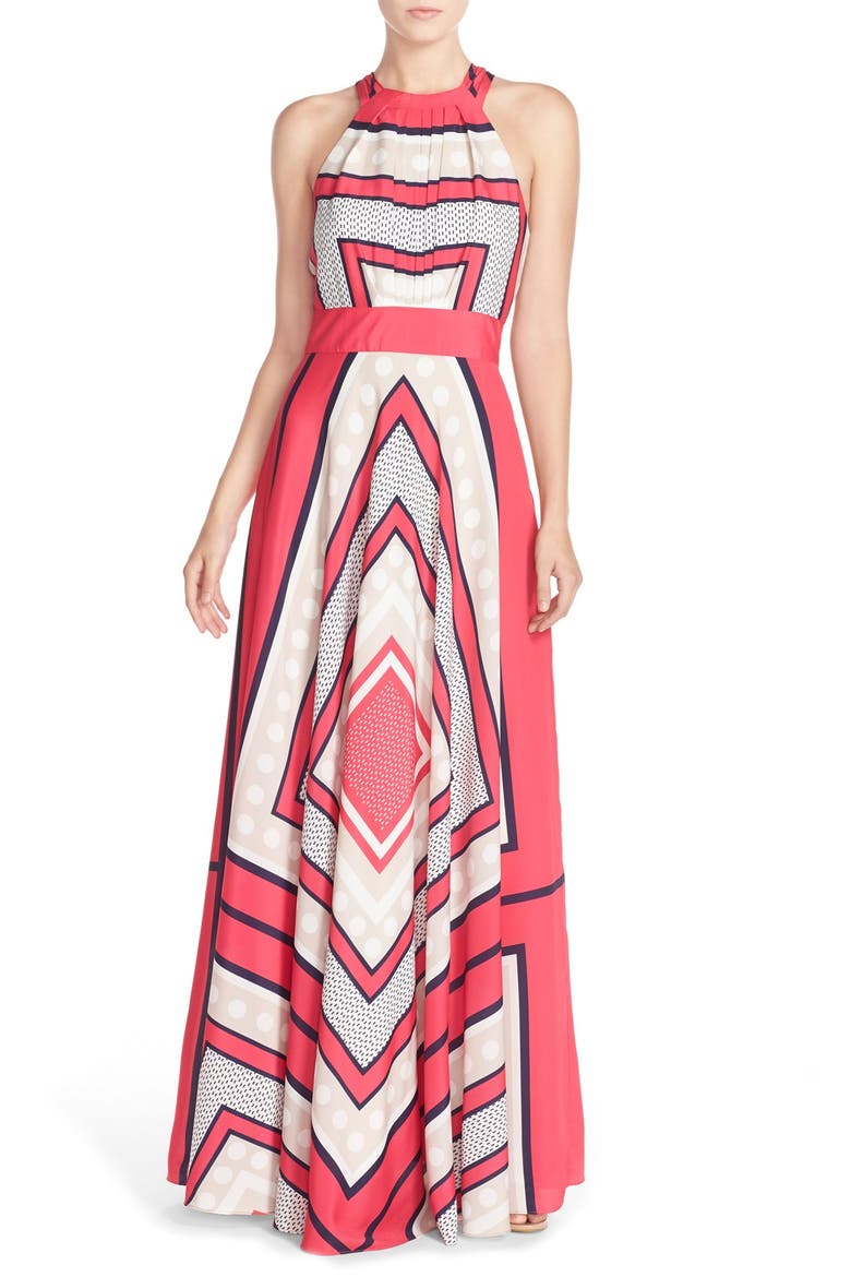 Scarf Print Crêpe de Chine Fit & Flare Maxi Dress, Main, color, PINK