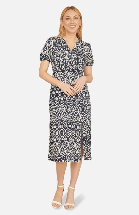 Ikat Print Split Hem Midi Dress