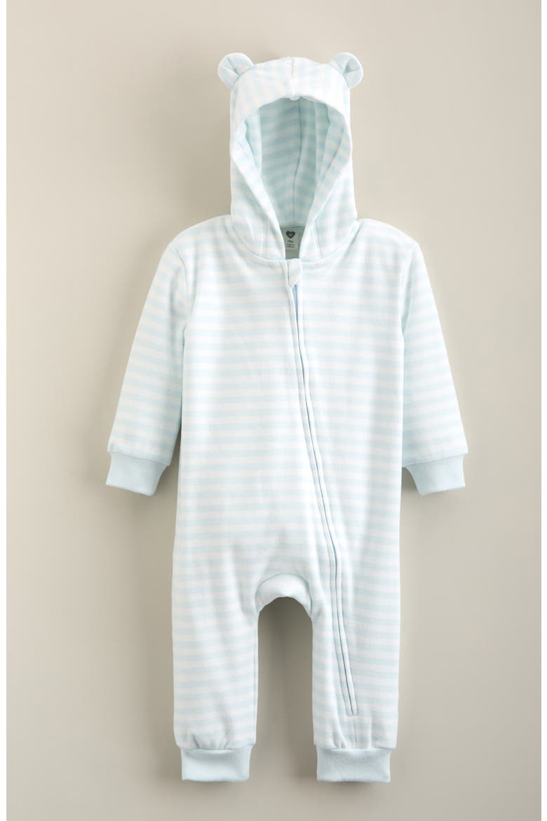 Stripe Hooded Long Sleeve Romper, Main, color, BLUE FADE SHEA STRIPE