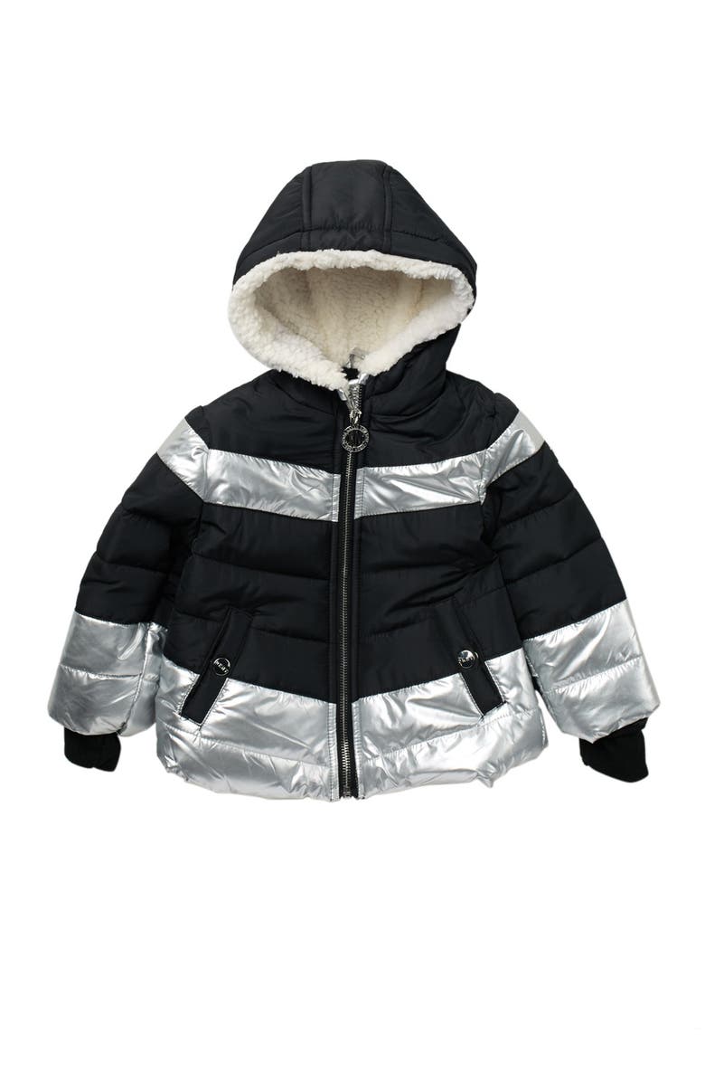 DKNY Metallic Faux Fur Puffer Jacket, Main, color,