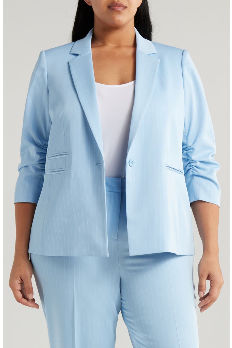 Pinstripe Ruched Sleeve Blazer, Main, color, ICE BLUE