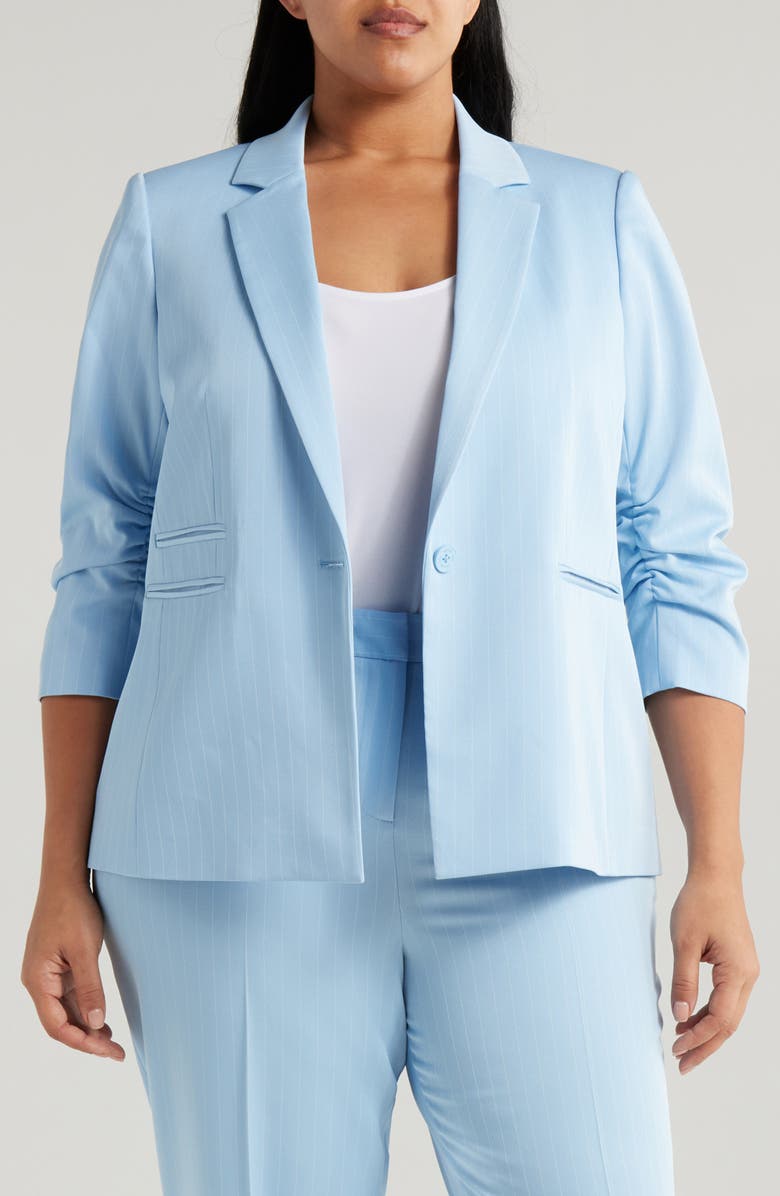 Tahari ASL Pinstripe Ruched Sleeve Blazer, Main, color, Ice Blue