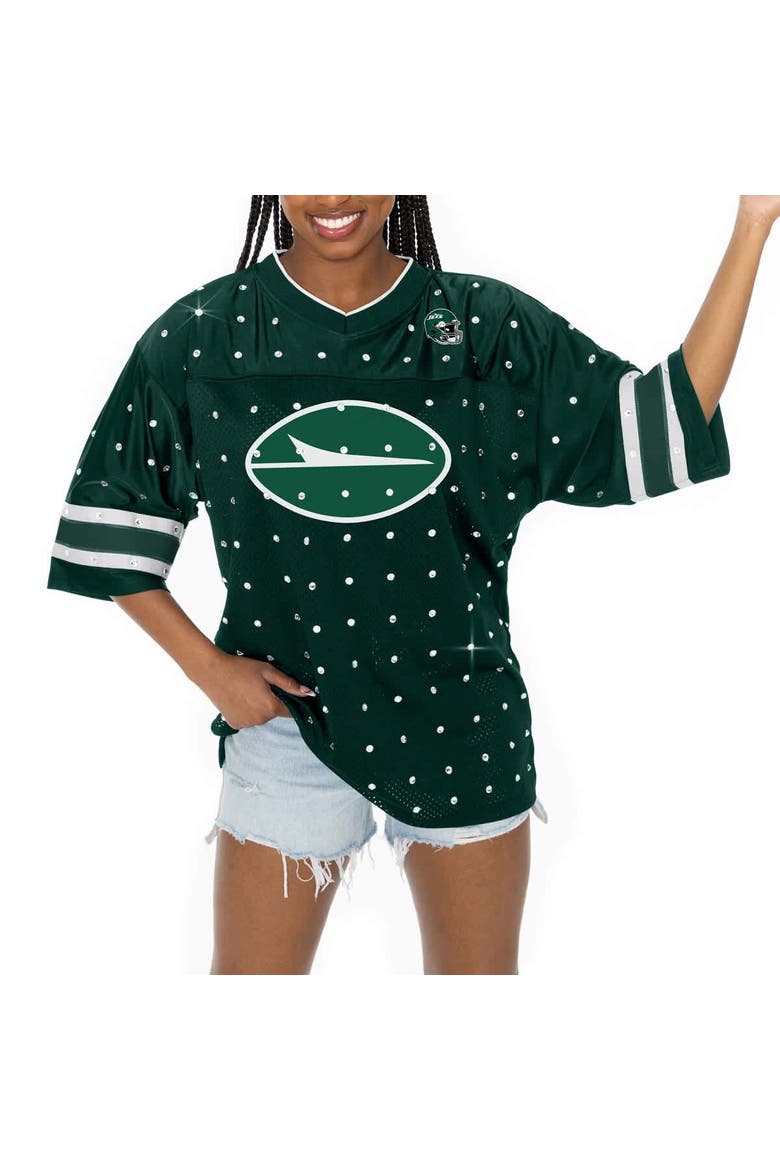 Women's Gameday Couture Green New York Jets Kickoff Time Allover Rhinestone Sports Stripe Jersey V-Neck T-Shirt, Alternate, color, Green