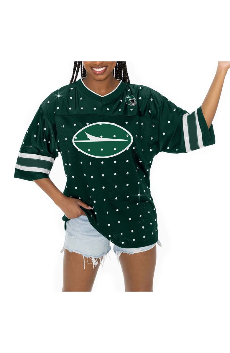 GAMEDAY COUTURE Women's Gameday Couture Green New York Jets Kickoff Time Allover Rhinestone Sports Stripe Jersey V-Neck T-Shirt, Alternate, color, Green