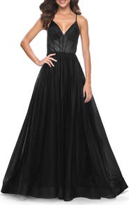 La Femme A-Line Prom Dress with Illusion Ruched Bodice