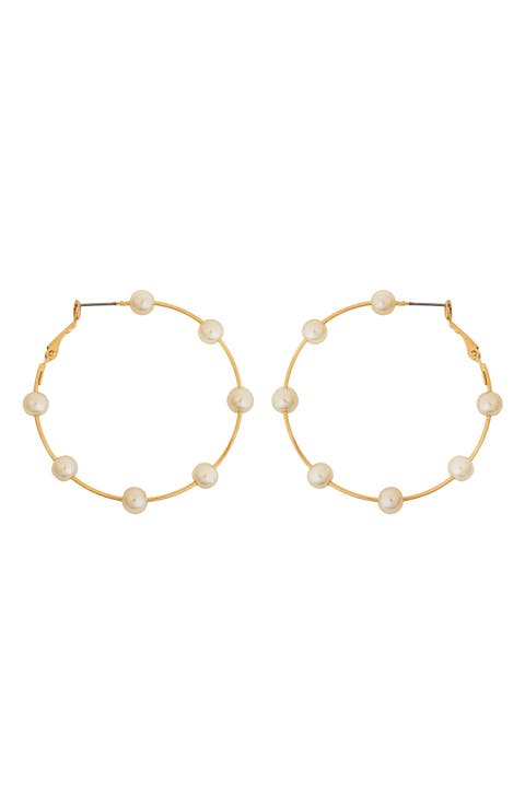 Faux Pearl Station Hoop Earrings