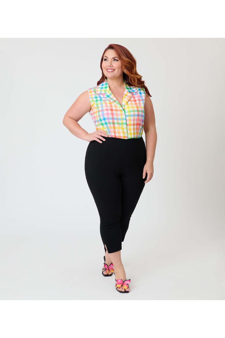 Plus Size Notched Collar Cotton Blouse, Alternate, color, Yellow Rainbow Gingham