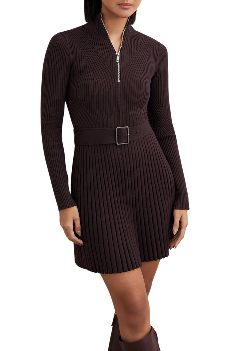 Reiss Vienna Belted Long Sleeve Rib Dress, Alternate, color, Plum Purple
