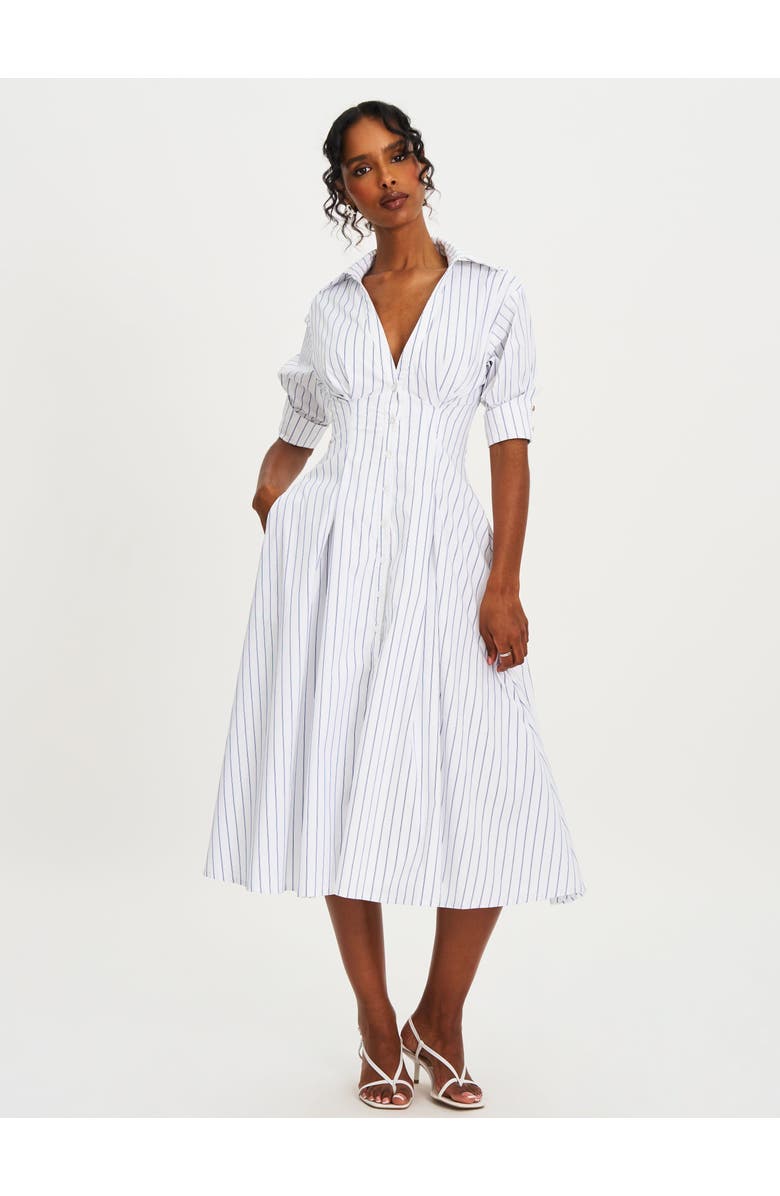 Miss Circle Palina Pinstripes Cotton Poplin Pleated Midi Preppy Shirt Dress, Alternate, color, White
