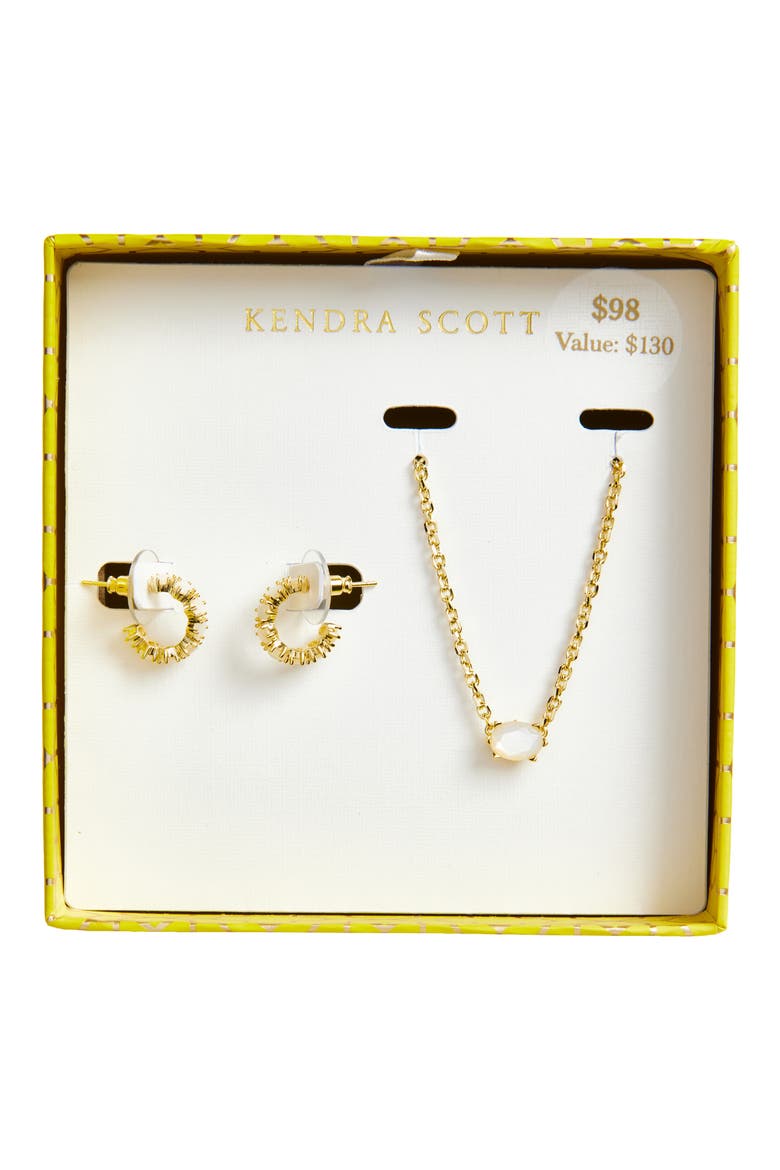 Cailin Cubic Zirconia Huggie Hoop Earrings & Pendant Necklace Gift Set, Main, color, GOLD IVORY MOTHER OF PEARL