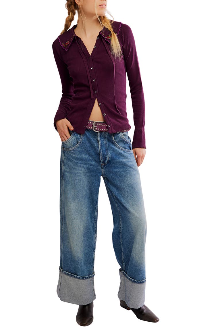 Juniper Embroidered Pointelle Cotton Button-Up Top, Alternate, color, VINTAGE GRAPE
