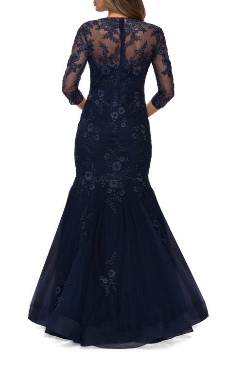 La Femme Long Lace Mermaid Gown With Square Neckline In Navy