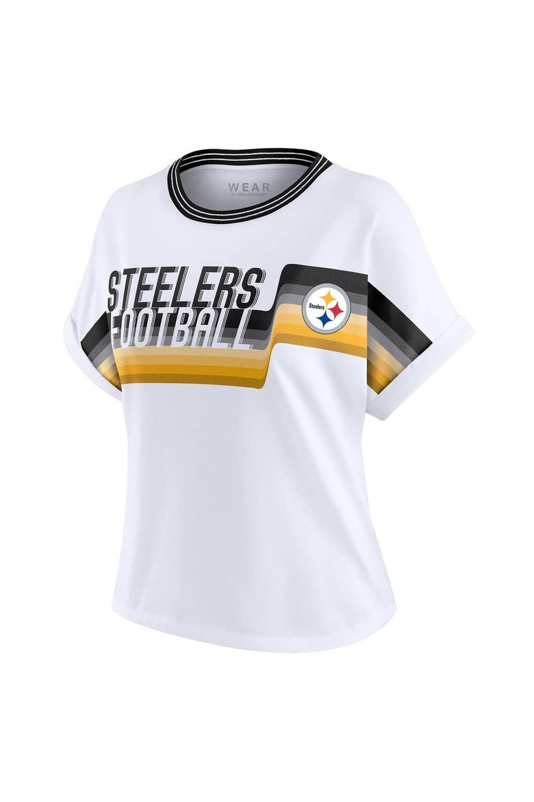Women's WEAR by Erin Andrews White Pittsburgh Steelers Cropped Center Stripe Dolman T-Shirt, Alternate, color, White