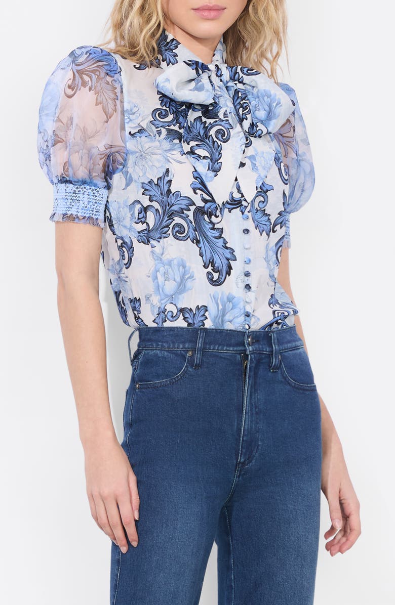 Alice + Olivia Brentley Floral Tie Neck Puff Sleeve Top, Alternate, color, 