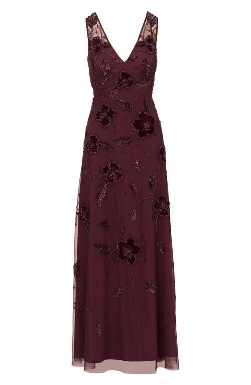 Adrianna Papell Beaded Floral Velvet Gown In Burgundy