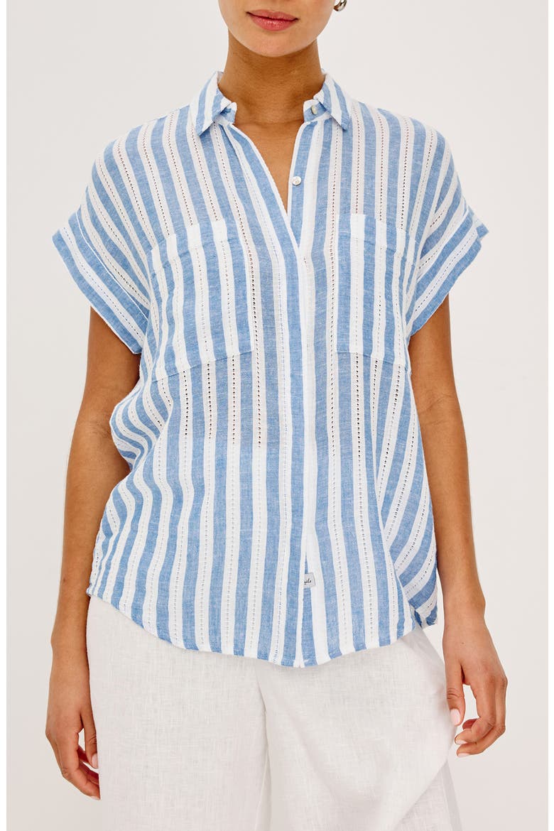 Cito Stripe Short Sleeve Linen Blend Button-Up Shirt, Main, color, ATLANTIS STRIPE