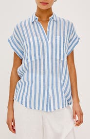 Rails Cito Stripe Short Sleeve Linen Blend Button-Up Shirt