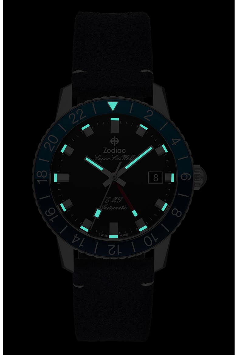 GMT Automatic Leather Strap Watch, 40mm, Alternate, color, BLUE