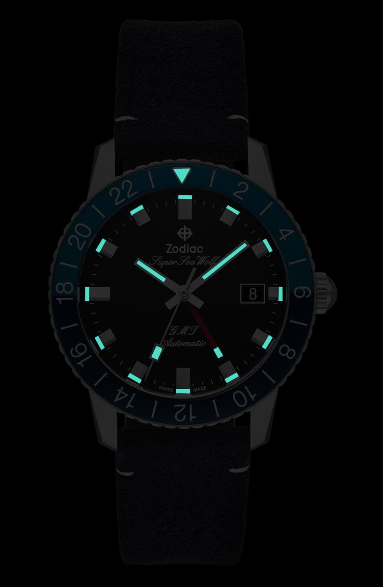 Zodiac GMT Automatic Leather Strap Watch, 40mm, Alternate, color,