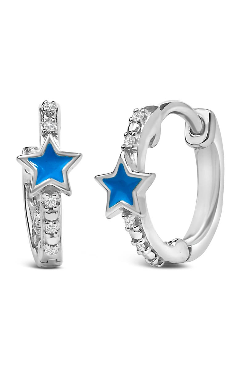 Haus of Brilliance Silver Diamond Accent and Blue Enamel Star Hoop Earrings, Alternate, color, White