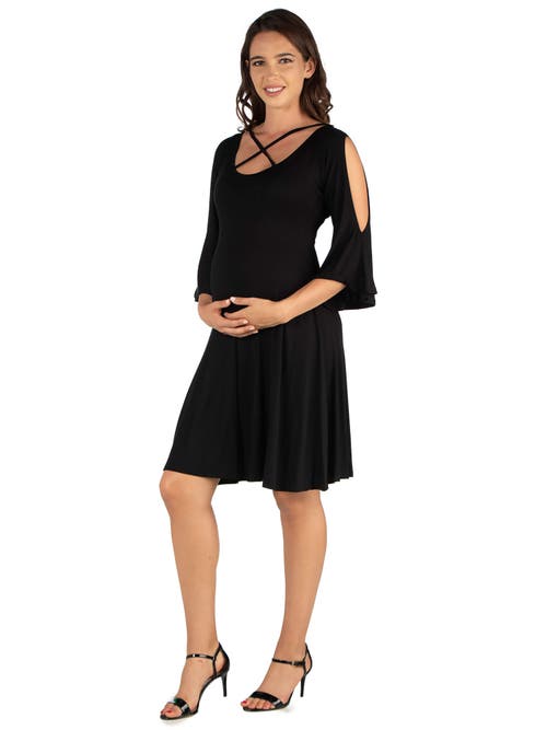 24seven Comfort Apparel Maternity Knee Length Cold Shoulder Dress In Black