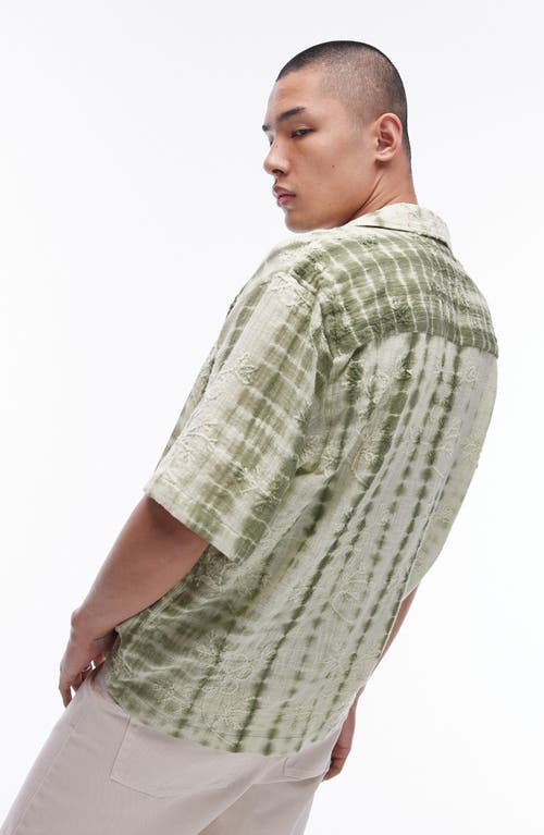 Topman Floral Embroidered Tie Dye Stripe Camp Shirt In Light Green