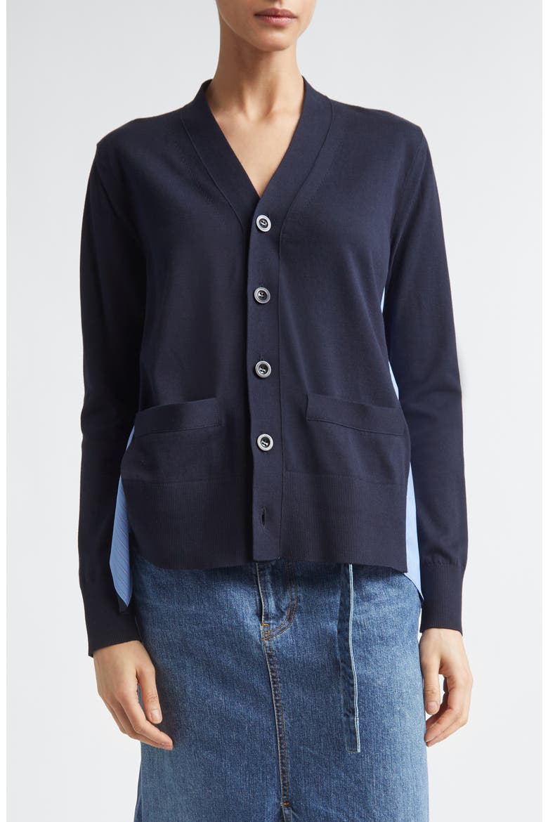Mixed Stripe Media Poplin & Knit Cardigan, Main, color, NAVY/ BLUE STRIPE