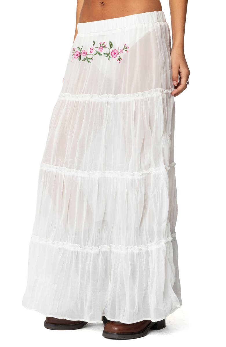 EDIKTED Tai Floral Embroidery Tiered Maxi Skirt, Alternate, color, White
