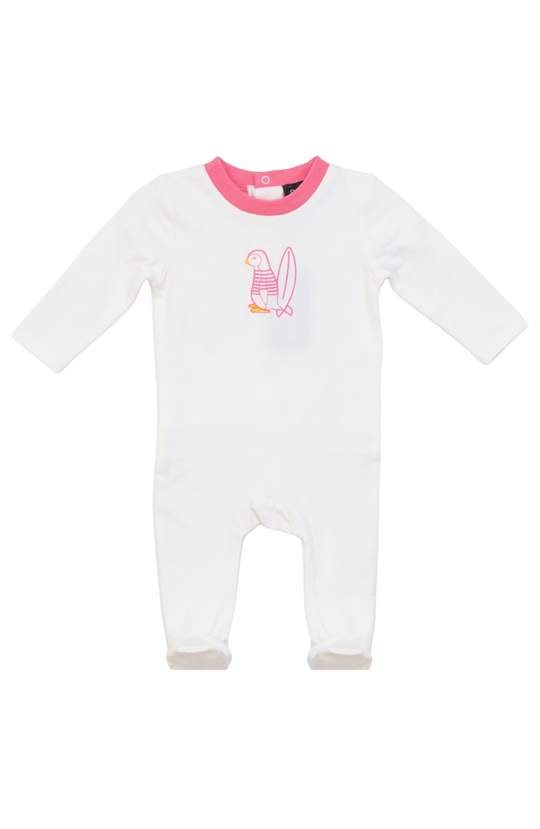 Puddles Surfing Sunday Penguin Long Sleeve Covered Feet Romper, Main, color, Off White/Pink