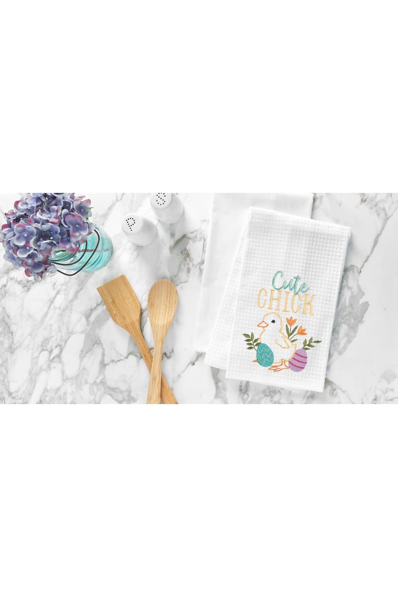 "Cute Chick" Easter Spring Embroidered Cotton Waffle Weave Kitchen Dishtowel, Alternate, color, White