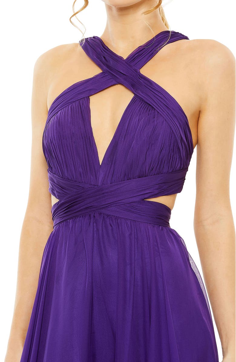 Mac Duggal Sleeveless Crisscross Halter Cutout keyhole Tiered Gown, Alternate, color, Purple
