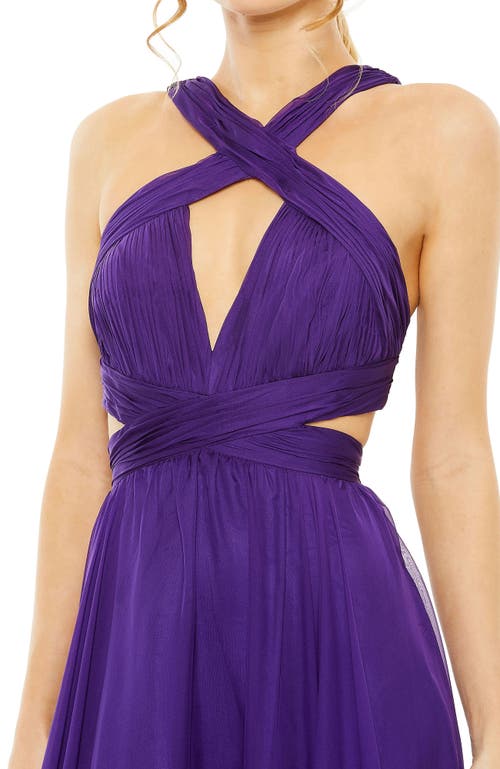 Mac Duggal Sleeveless Crisscross Halter Cutout Keyhole Tiered Gown In Purple