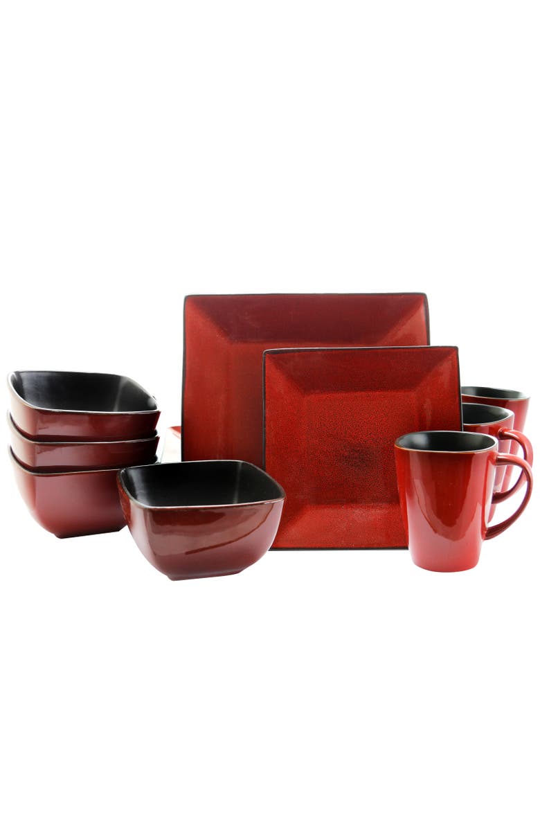 Elama Harland Loft 16 Piece Modern Premium Stoneware set with Complete Setting for 4, Alternate, color, Red