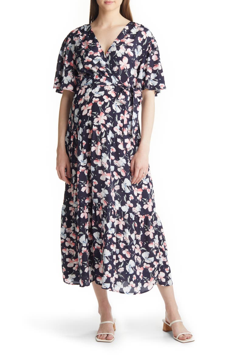 Floral Faux Wrap Maternity Maxi Dress, Main, color, NAVY