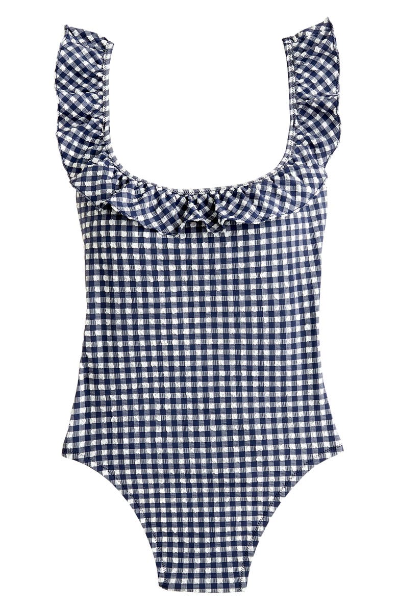 J.Crew Puckered Gingham Ruffle One-Piece Swimsuit, Main, color,