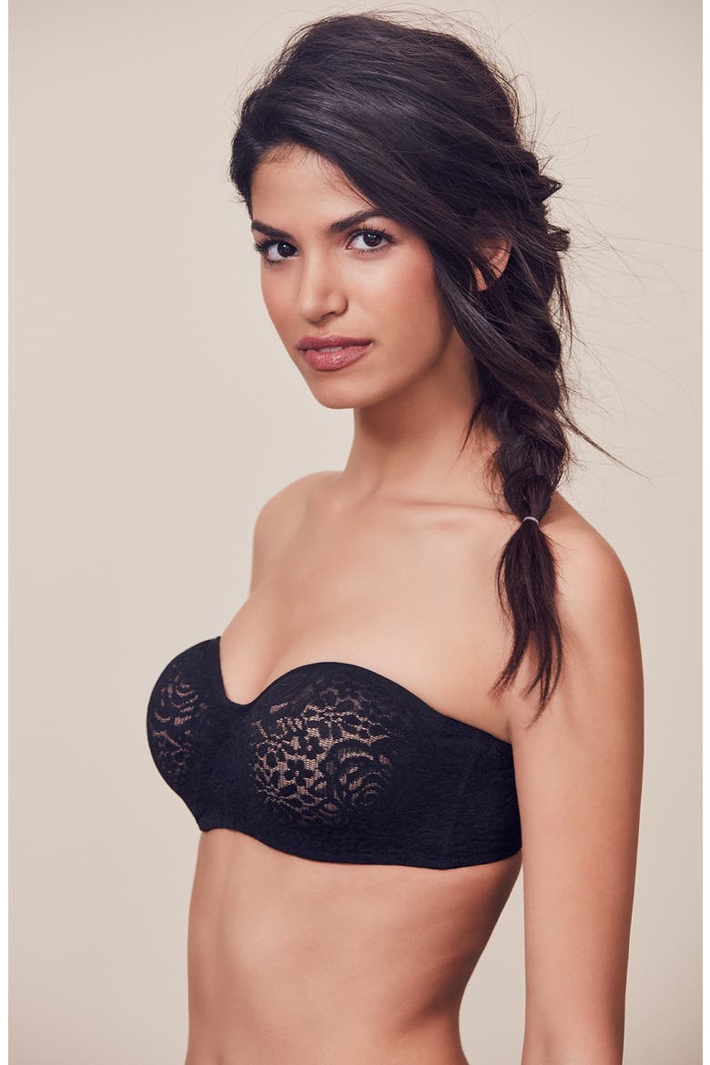 Halo Lace Underwire Strapless Bra, Alternate, color, BLACK